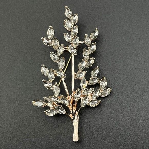 Rose Gold with White Diamond Crystal Tree Branch with Leaves Pin Back Brooch - Picture 1 of 9